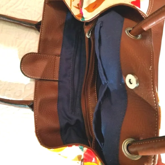 Leather and Canvas Floral Pocketed Handbag - Picture 3 of 4